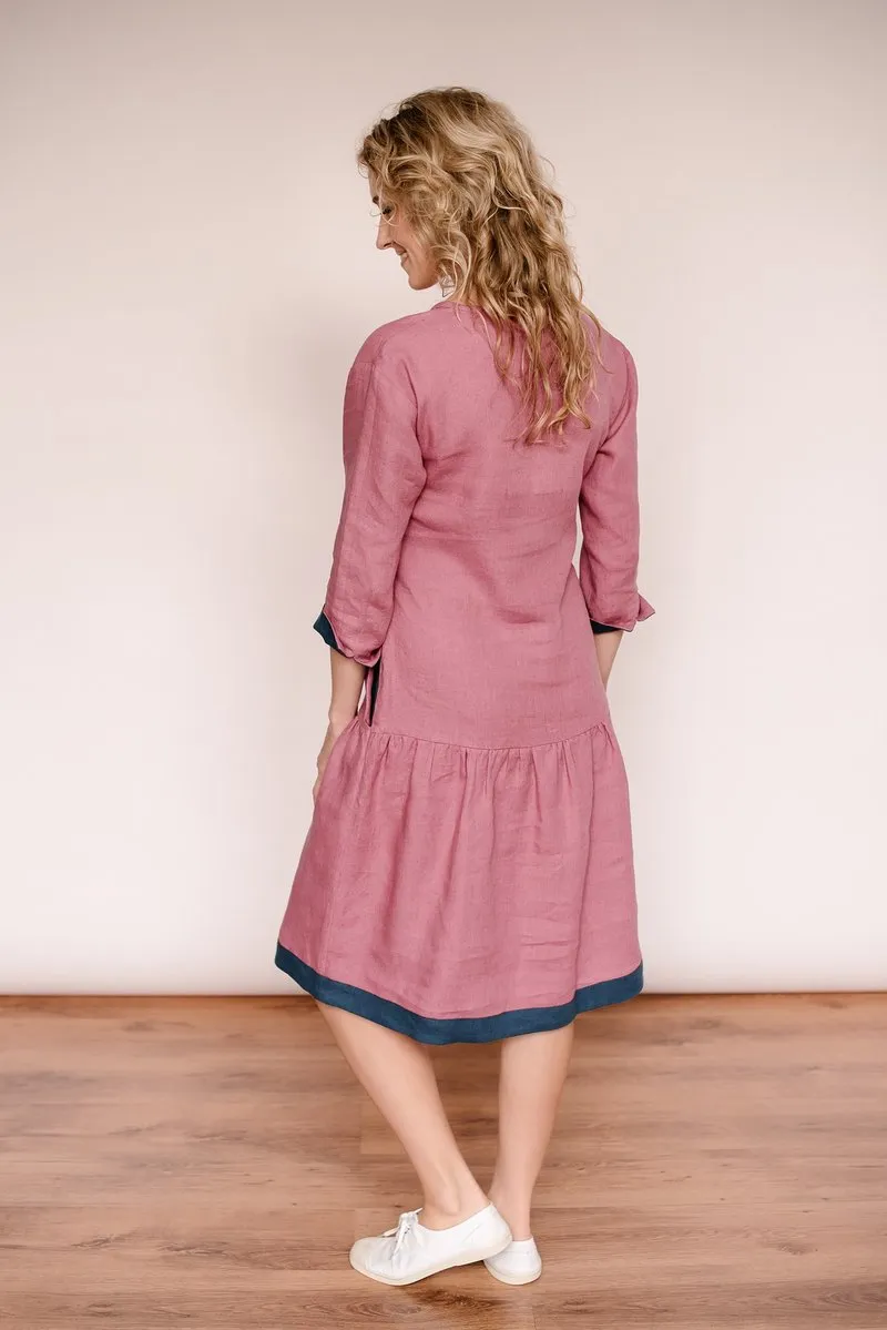 Drop Waist Ruffled Bottom Linen Dress