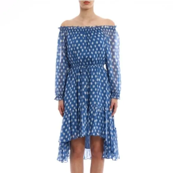 DVF Camila Blue Two Hi-Low Silk Chiffon Draw Waist Dot Batik Mini Dress S $469