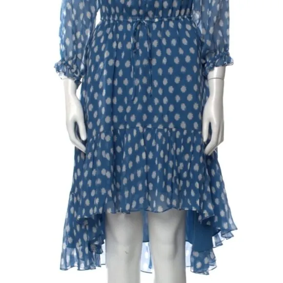 DVF Camila Blue Two Hi-Low Silk Chiffon Draw Waist Dot Batik Mini Dress S $469