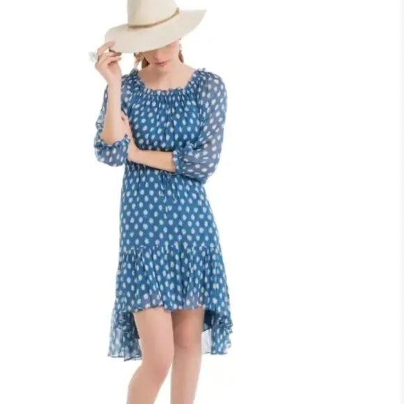 DVF Camila Blue Two Hi-Low Silk Chiffon Draw Waist Dot Batik Mini Dress S $469