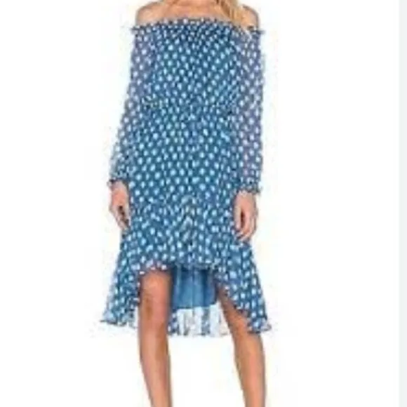 DVF Camila Blue Two Hi-Low Silk Chiffon Draw Waist Dot Batik Mini Dress S $469