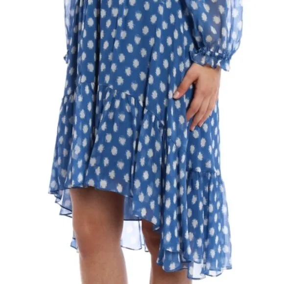 DVF Camila Blue Two Hi-Low Silk Chiffon Draw Waist Dot Batik Mini Dress S $469