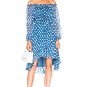 DVF Camila Blue Two Hi-Low Silk Chiffon Draw Waist Dot Batik Mini Dress S $469