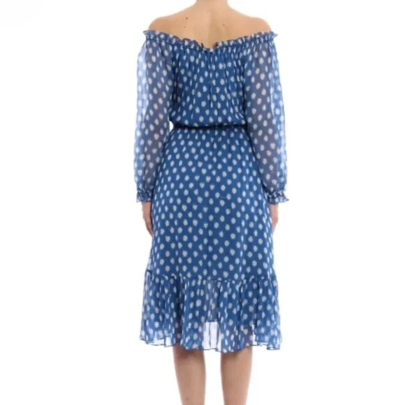 DVF Camila Blue Two Hi-Low Silk Chiffon Draw Waist Dot Batik Mini Dress S $469