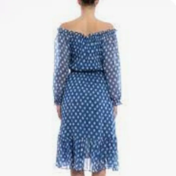 DVF Camila Blue Two Hi-Low Silk Chiffon Draw Waist Dot Batik Mini Dress S $469