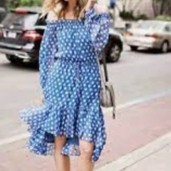DVF Camila Blue Two Hi-Low Silk Chiffon Draw Waist Dot Batik Mini Dress S $469