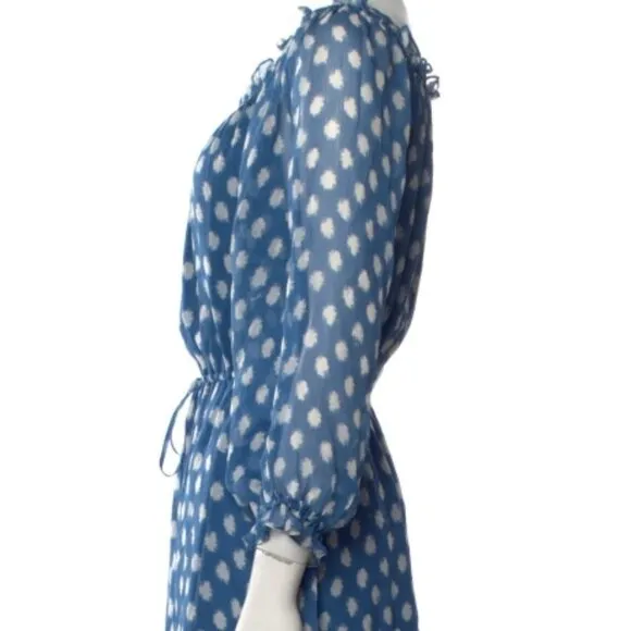 DVF Camila Blue Two Hi-Low Silk Chiffon Draw Waist Dot Batik Mini Dress S $469