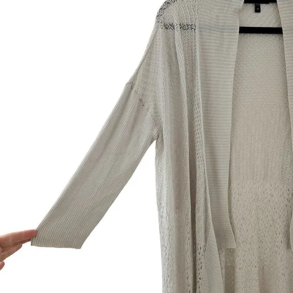 Eileen Fisher Cardigan Sweater Medium Cream Silk Knit Mid Length Open Front