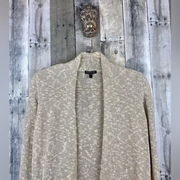 Eileen Fisher Linen Blend Gold Metallic Open Front. Cardigan Size Small Petite.