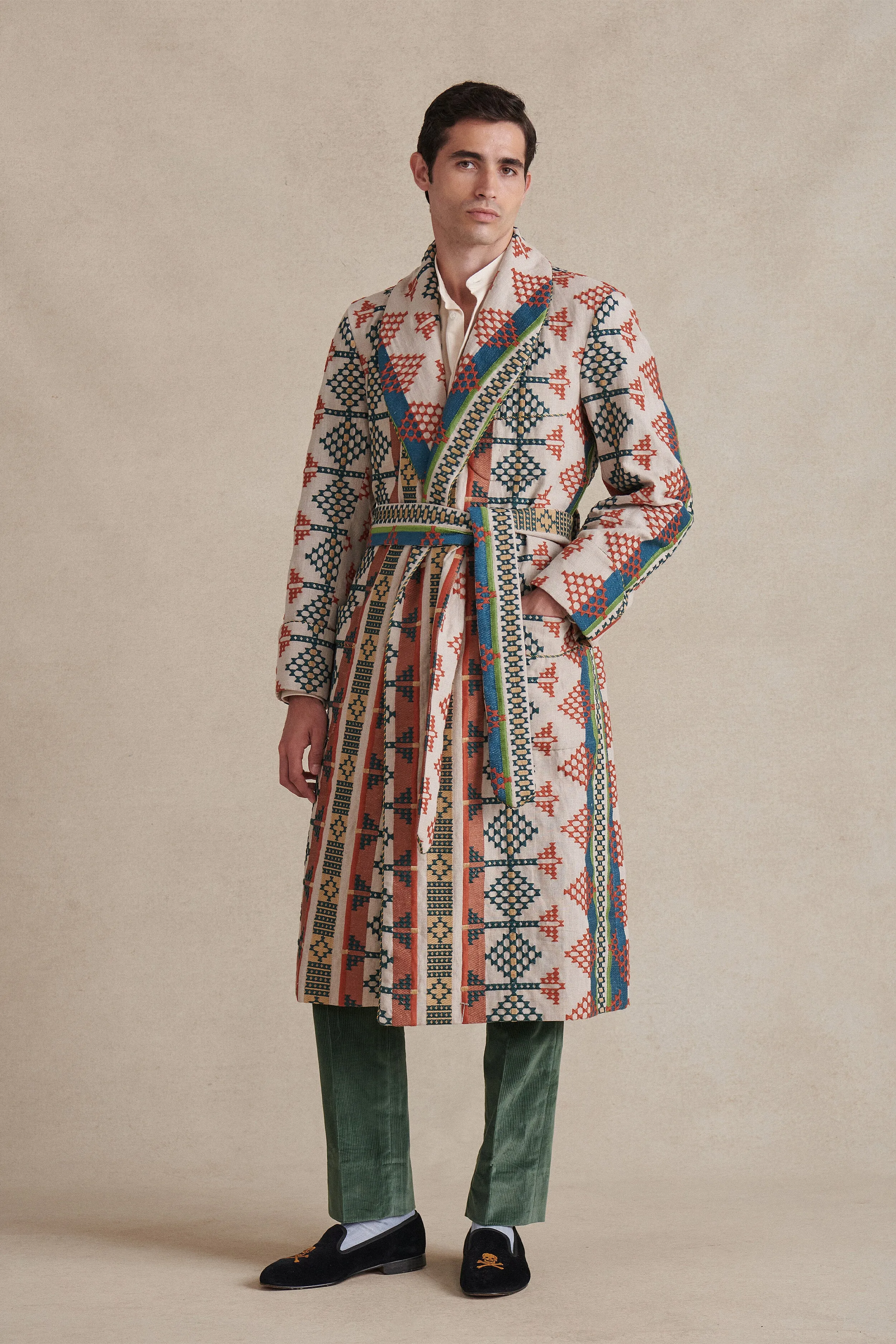 Embroidered Mosaic Lined Linen Dressing Gown