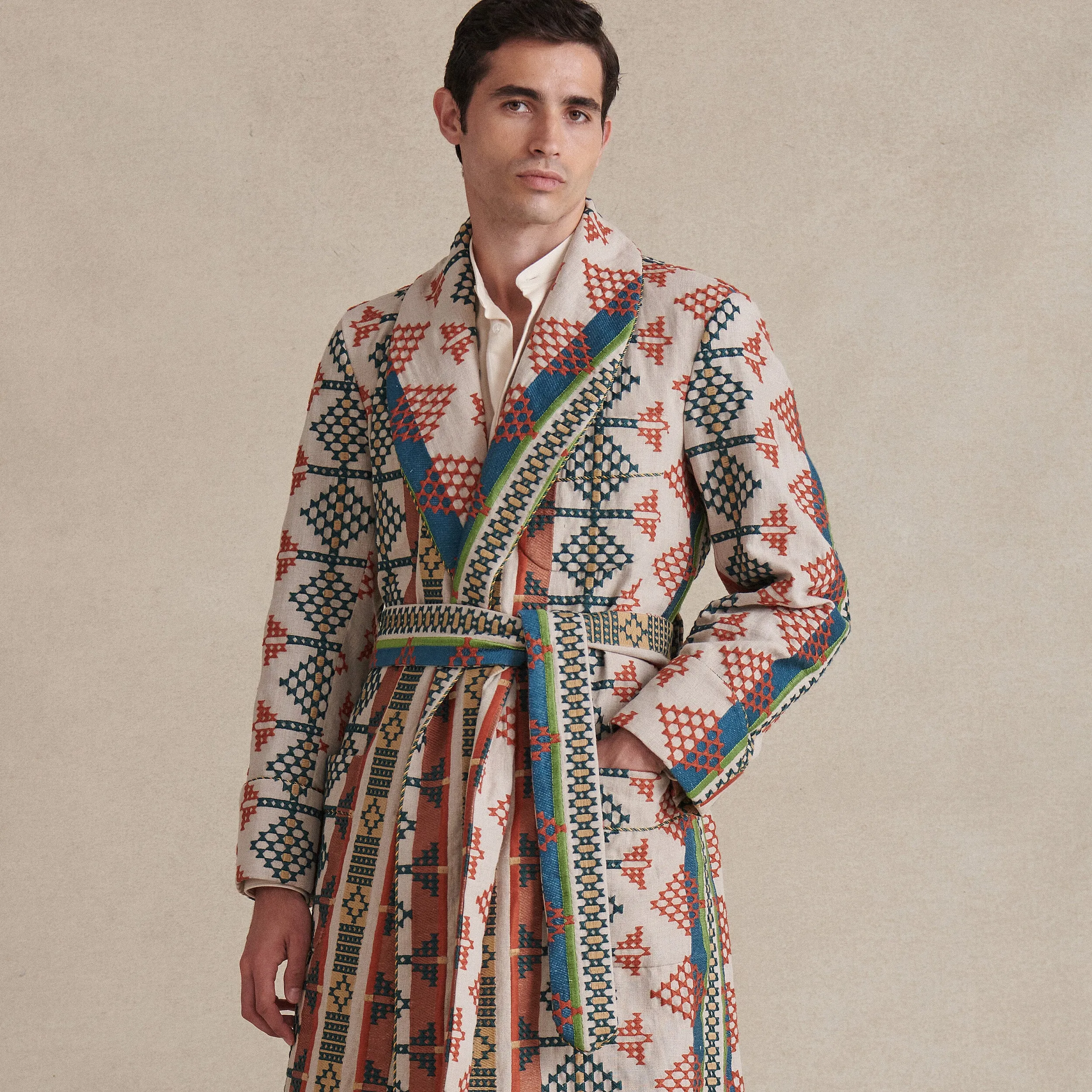 Embroidered Mosaic Lined Linen Dressing Gown