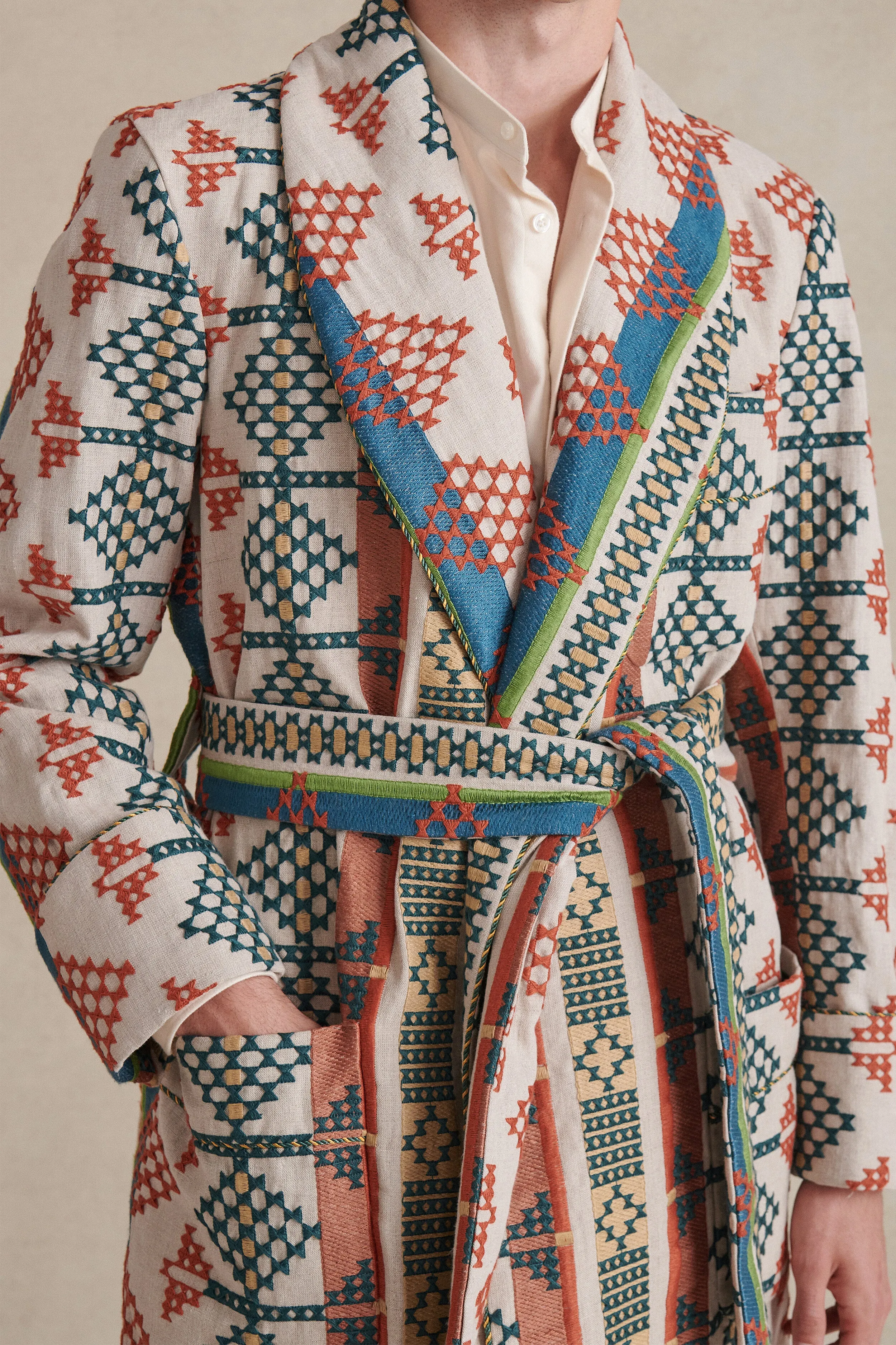 Embroidered Mosaic Lined Linen Dressing Gown