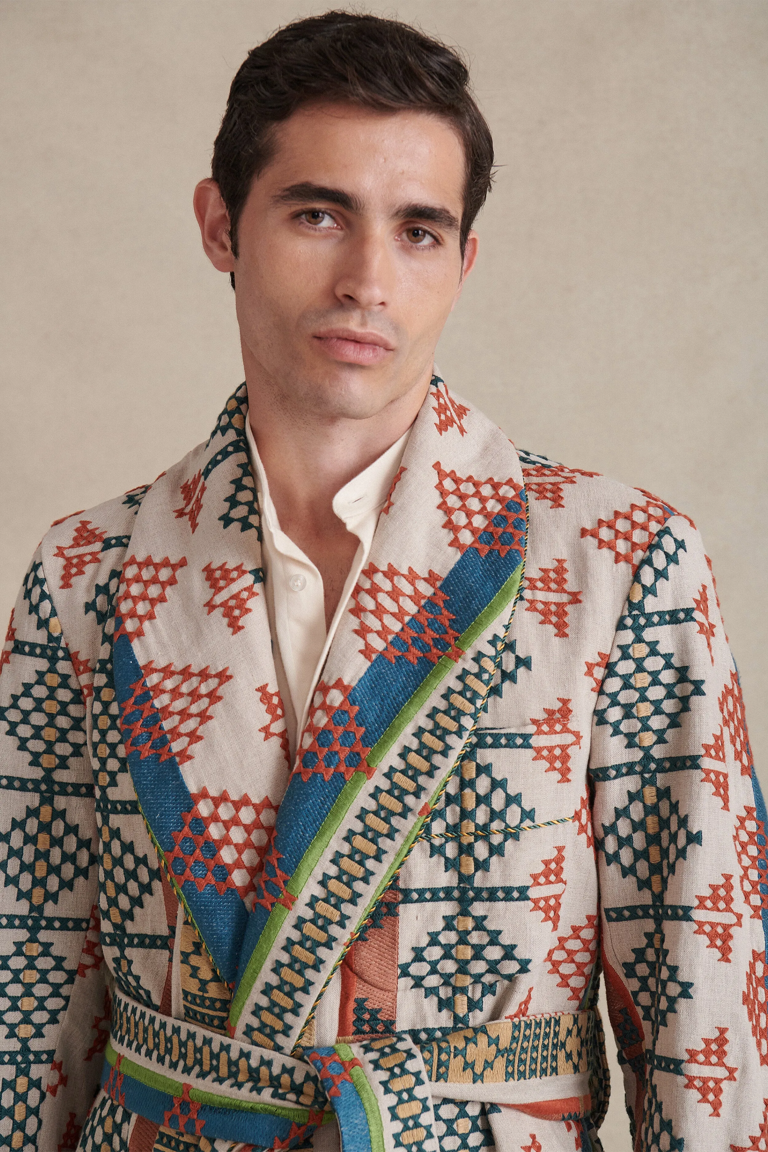 Embroidered Mosaic Lined Linen Dressing Gown
