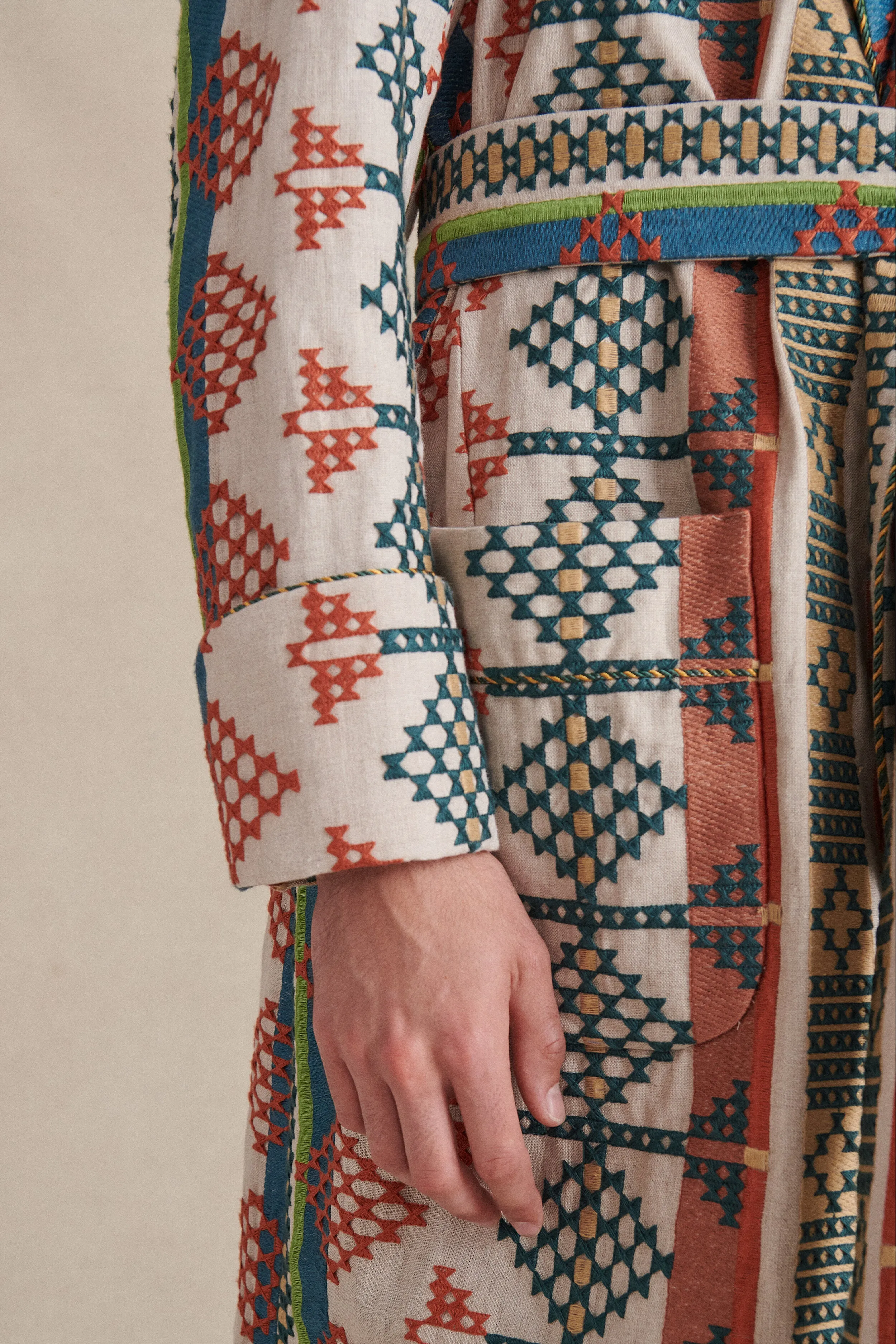 Embroidered Mosaic Lined Linen Dressing Gown