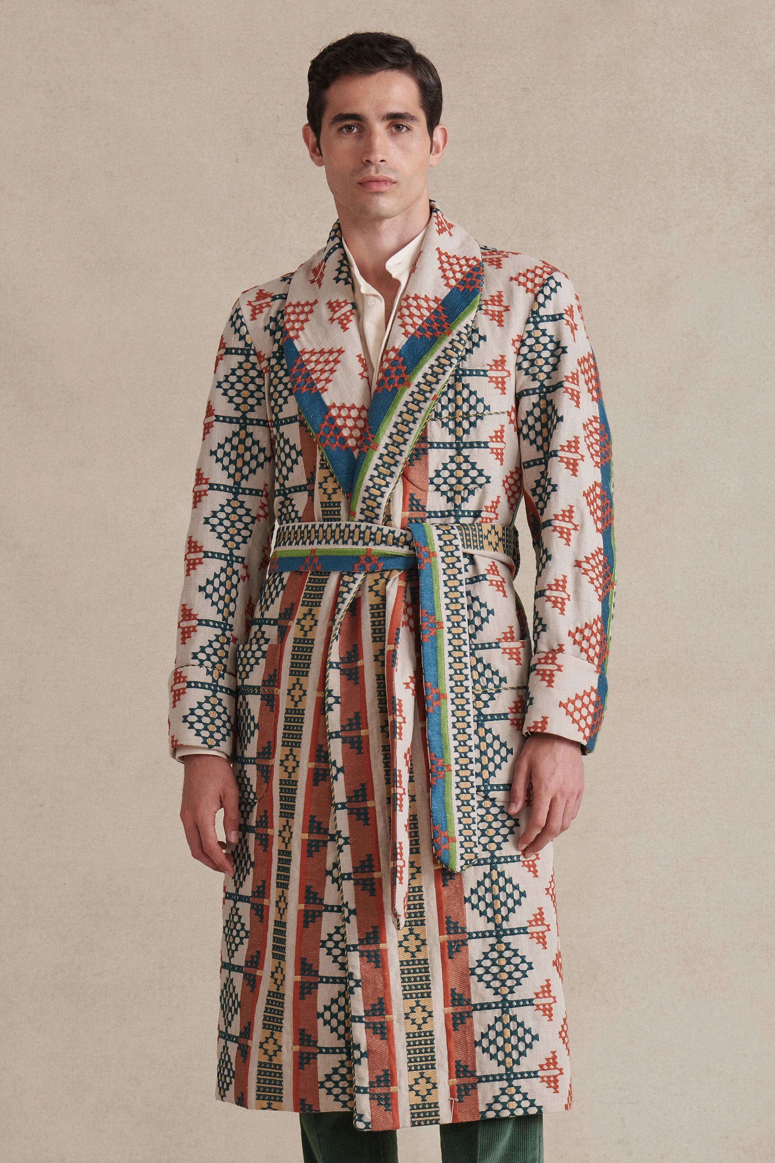 Embroidered Mosaic Lined Linen Dressing Gown