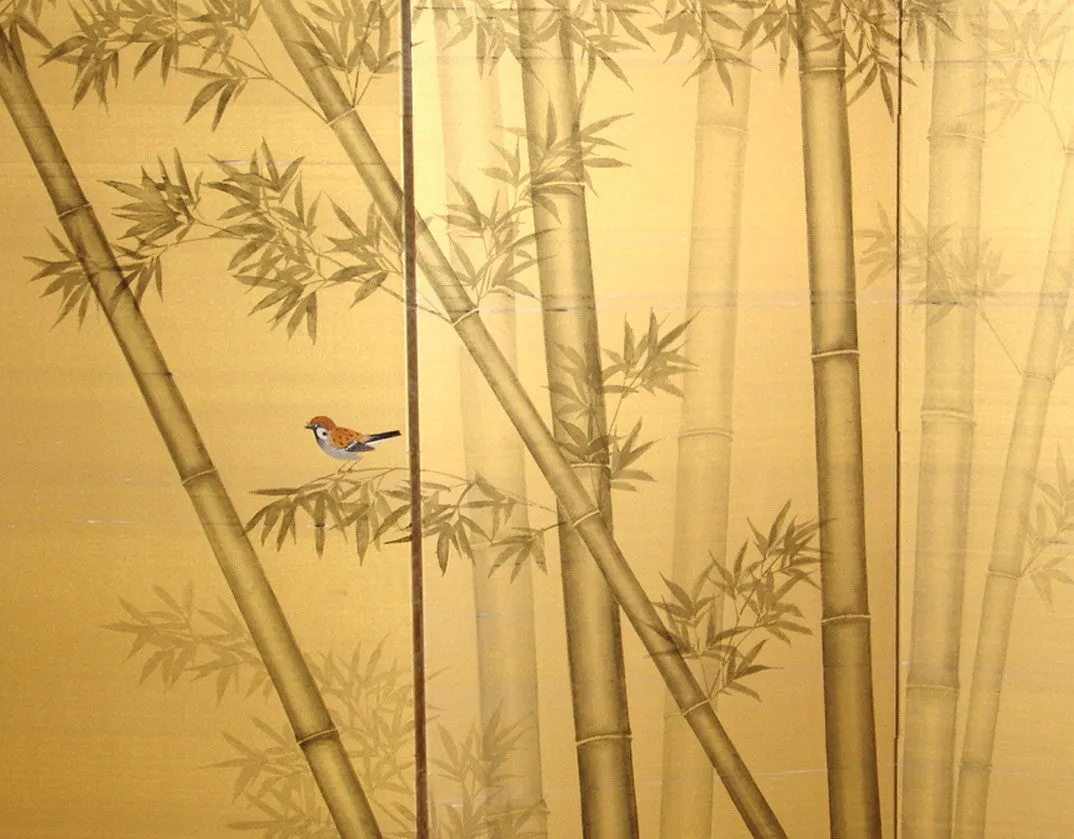 Ezaki Junzo - Japanese Traditional Hand Paint Byobu (Gold Silk Folding Screen) - X145 - Free Shipping