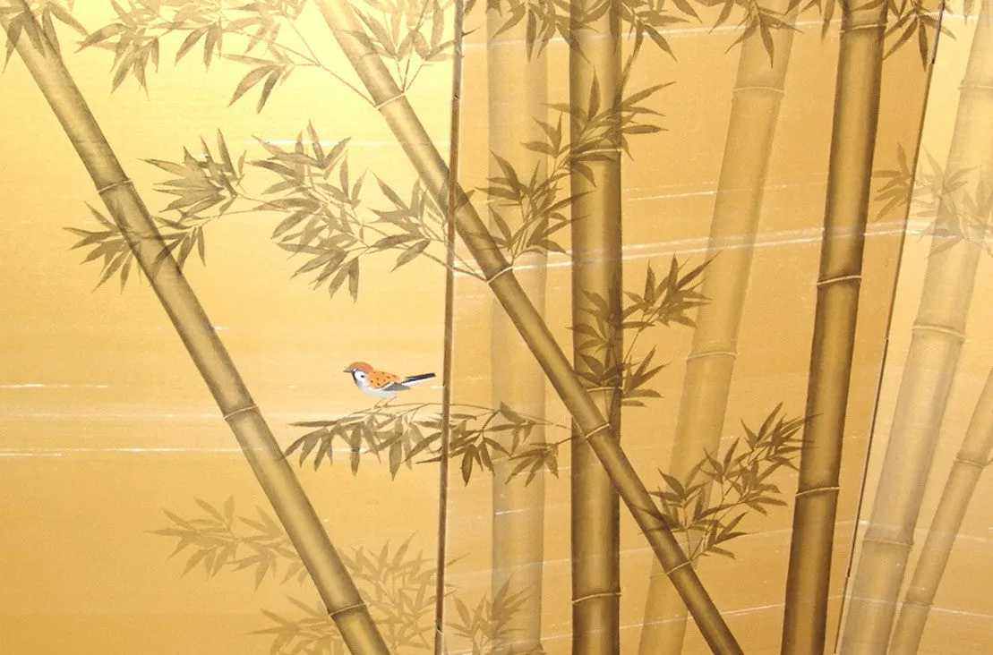 Ezaki Junzo - Japanese Traditional Hand Paint Byobu (Gold Silk Folding Screen) - X145 - Free Shipping