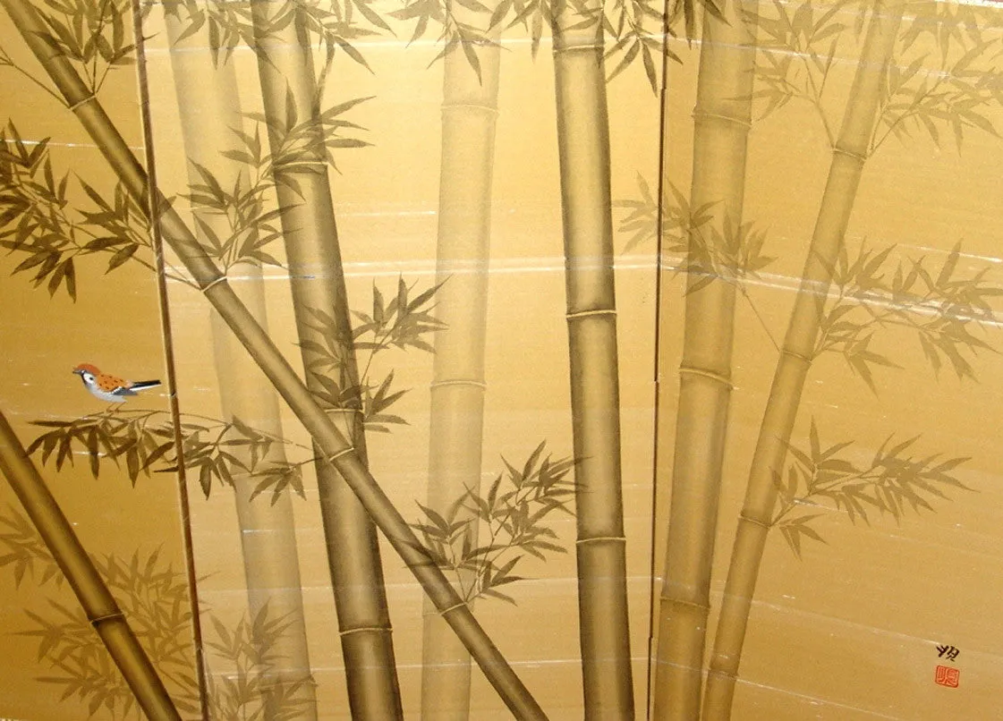 Ezaki Junzo - Japanese Traditional Hand Paint Byobu (Gold Silk Folding Screen) - X145 - Free Shipping
