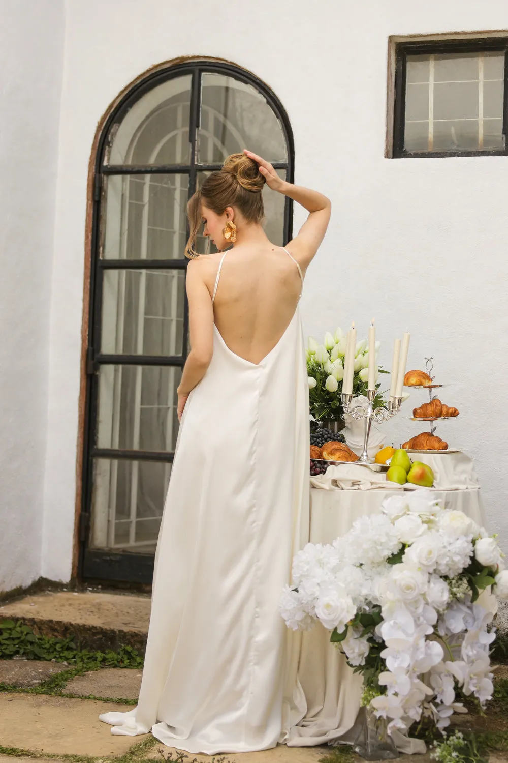 FLORA Flowy Maxi with Floral Detail on Neckline (Ivory Crepe Charmeuse Silk)