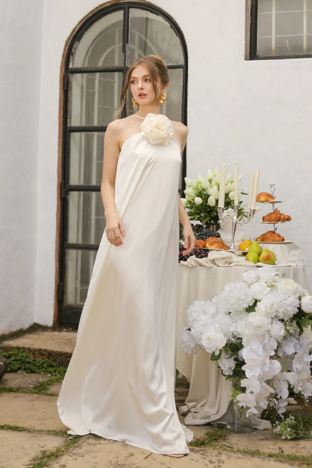 FLORA Flowy Maxi with Floral Detail on Neckline (Ivory Crepe Charmeuse Silk)