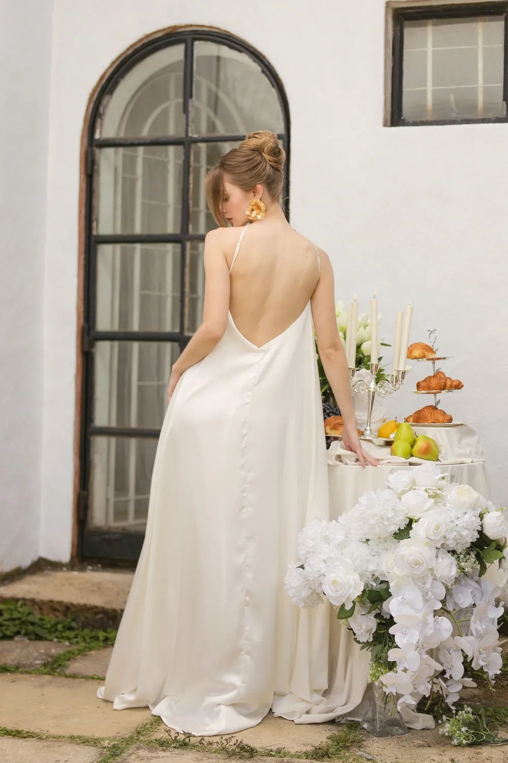 FLORA Flowy Maxi with Floral Detail on Neckline (Ivory Crepe Charmeuse Silk)