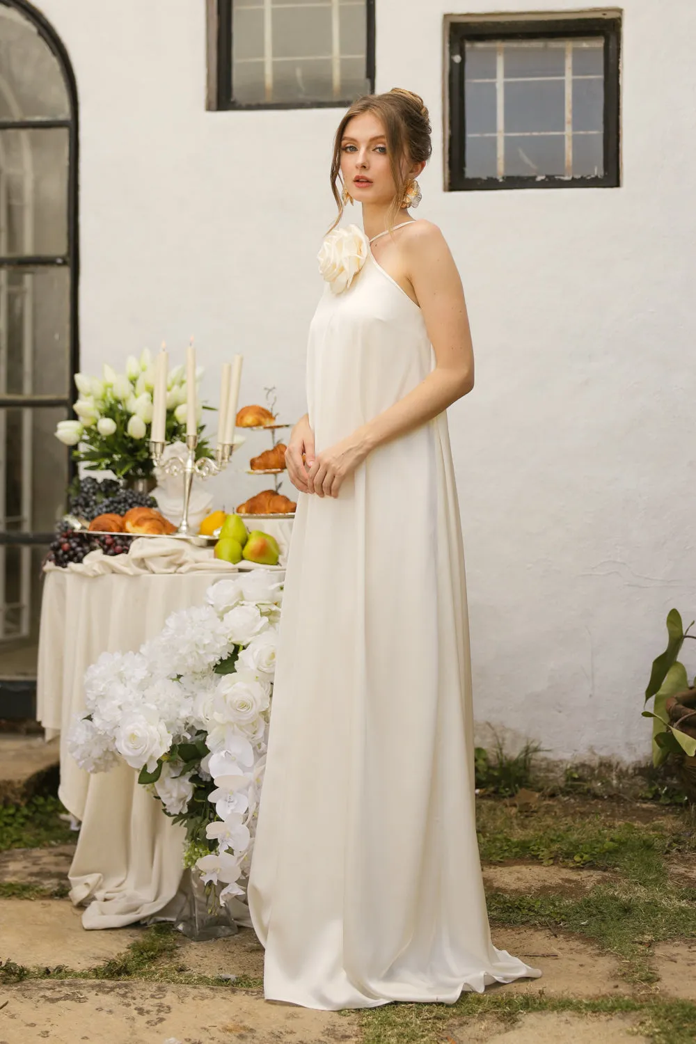 FLORA Flowy Maxi with Floral Detail on Neckline (Ivory Crepe Charmeuse Silk)