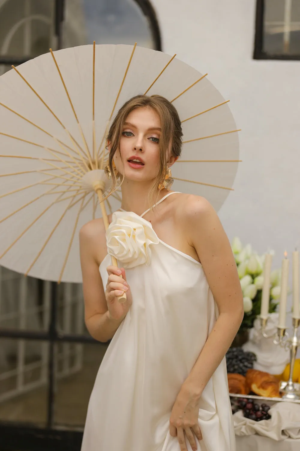 FLORA Flowy Maxi with Floral Detail on Neckline (Ivory Crepe Charmeuse Silk)