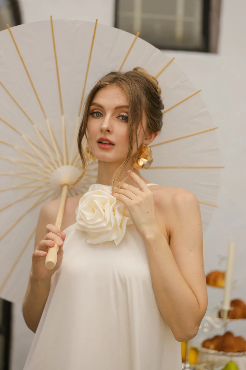FLORA Flowy Maxi with Floral Detail on Neckline (Ivory Crepe Charmeuse Silk)