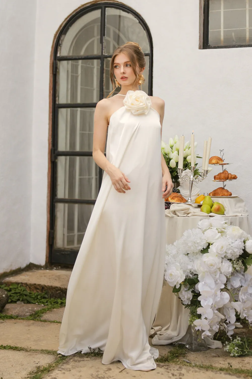 FLORA Flowy Maxi with Floral Detail on Neckline (Ivory Crepe Charmeuse Silk)
