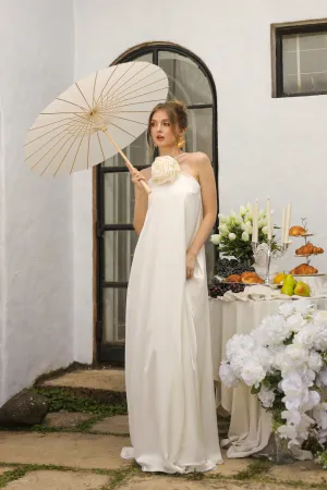 FLORA Flowy Maxi with Floral Detail on Neckline (Ivory Crepe Charmeuse Silk)