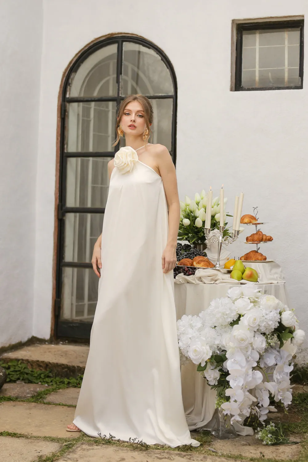 FLORA Flowy Maxi with Floral Detail on Neckline (Ivory Crepe Charmeuse Silk)