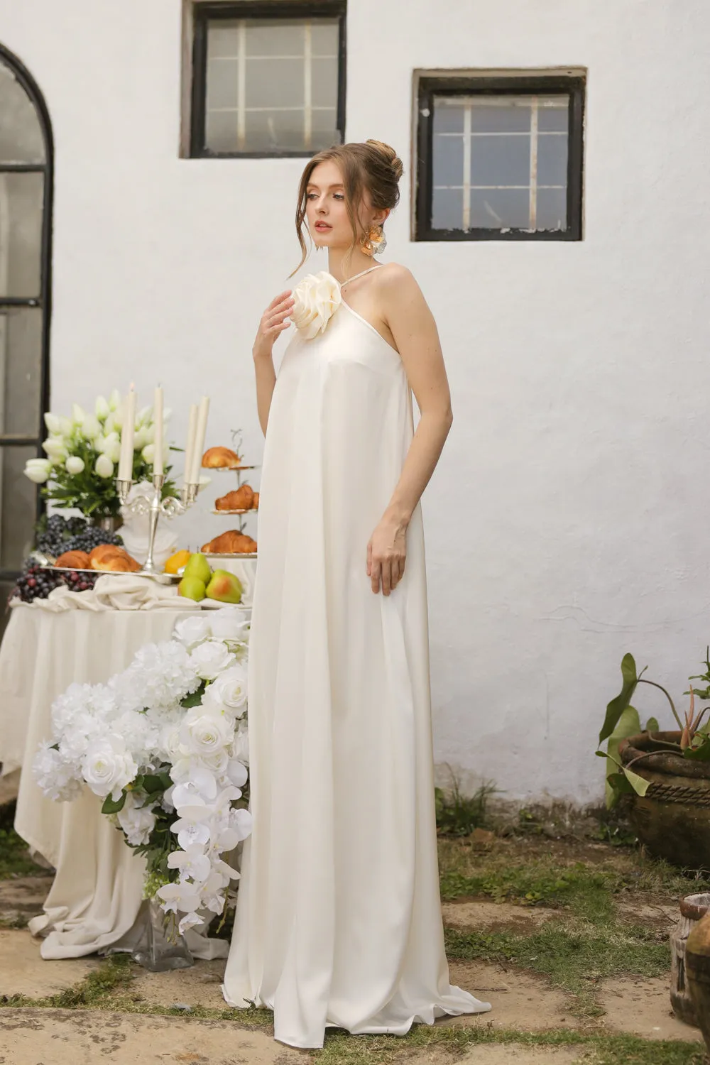FLORA Flowy Maxi with Floral Detail on Neckline (Ivory Crepe Charmeuse Silk)
