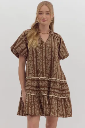 Floral Bubble Sleeve Mini Dress {Brown}