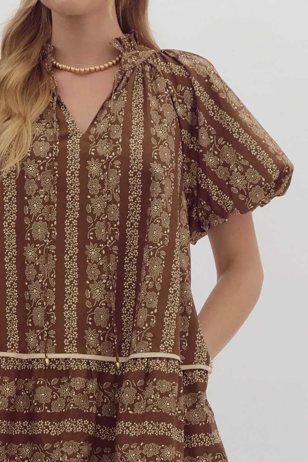 Floral Bubble Sleeve Mini Dress {Brown}