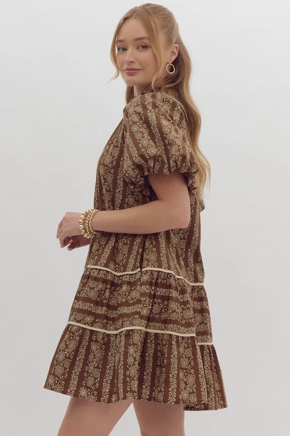 Floral Bubble Sleeve Mini Dress {Brown}