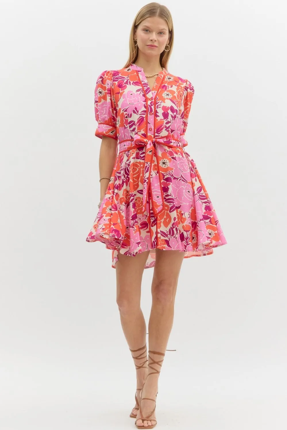 Floral Puff Sleeved Mini Swing Dress {Red}