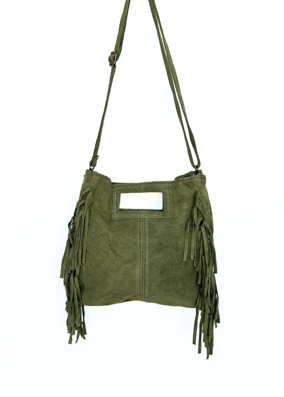 Gaia Handbag – Pistachio Suede Fringe Crossbody Bag