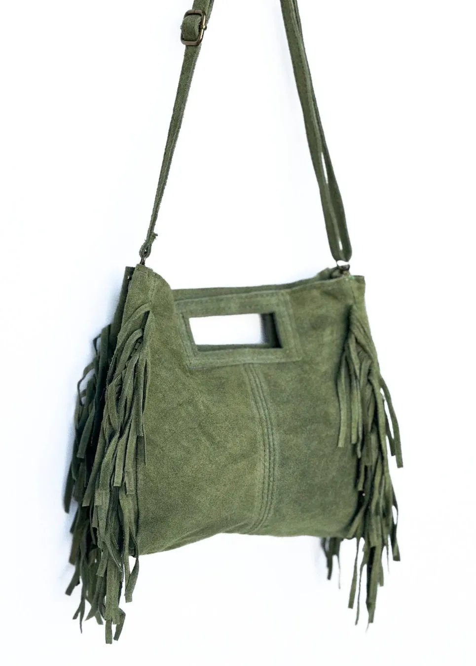 Gaia Handbag – Pistachio Suede Fringe Crossbody Bag