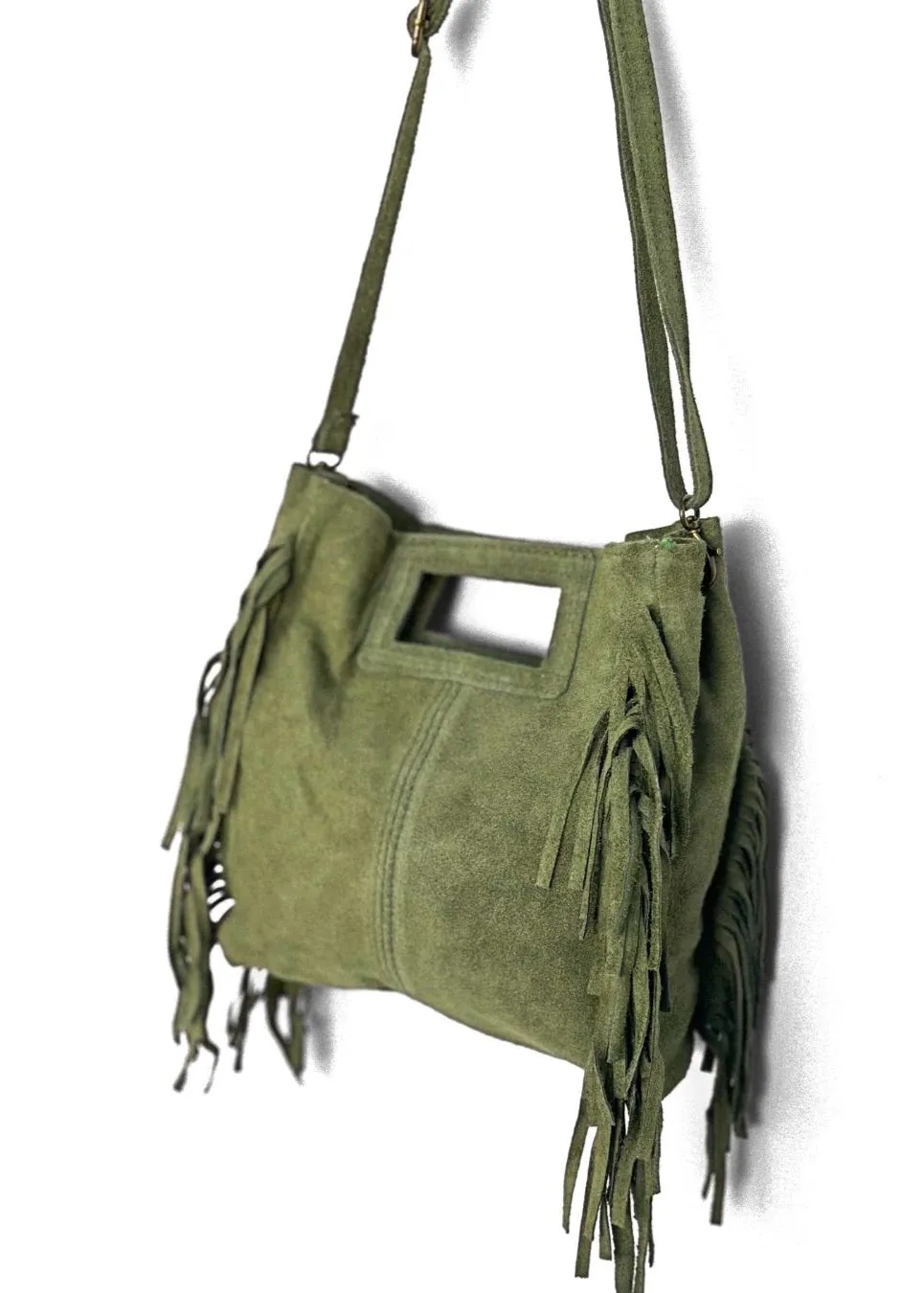 Gaia Handbag – Pistachio Suede Fringe Crossbody Bag