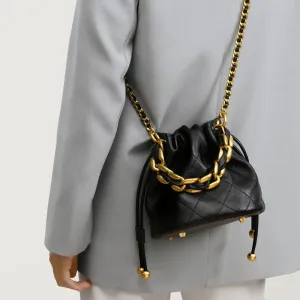 Genuine Leather Quilted Drawstring Bucket Bag