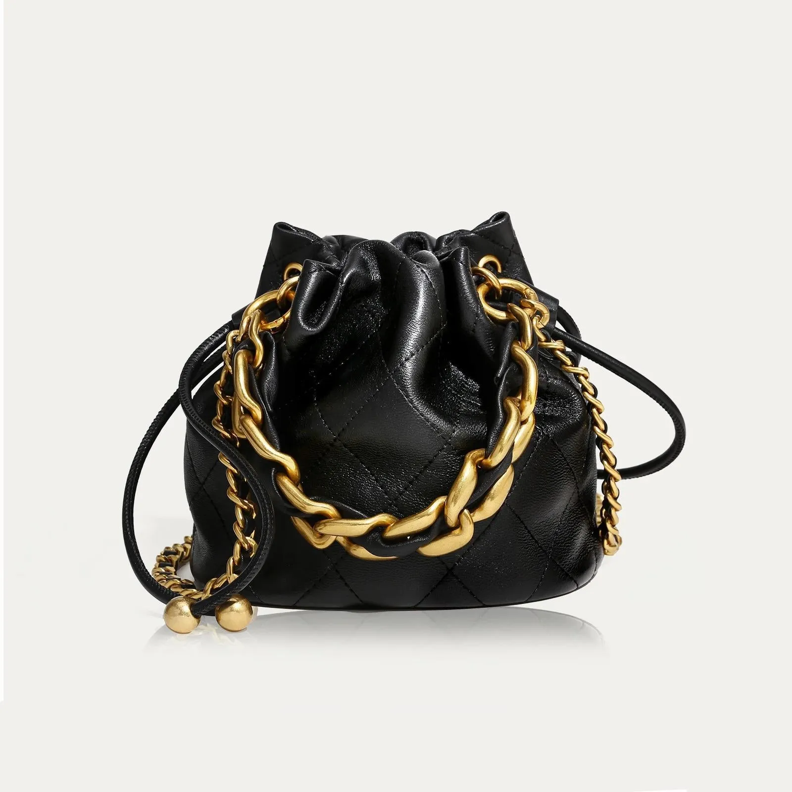 Genuine Leather Quilted Drawstring Bucket Bag