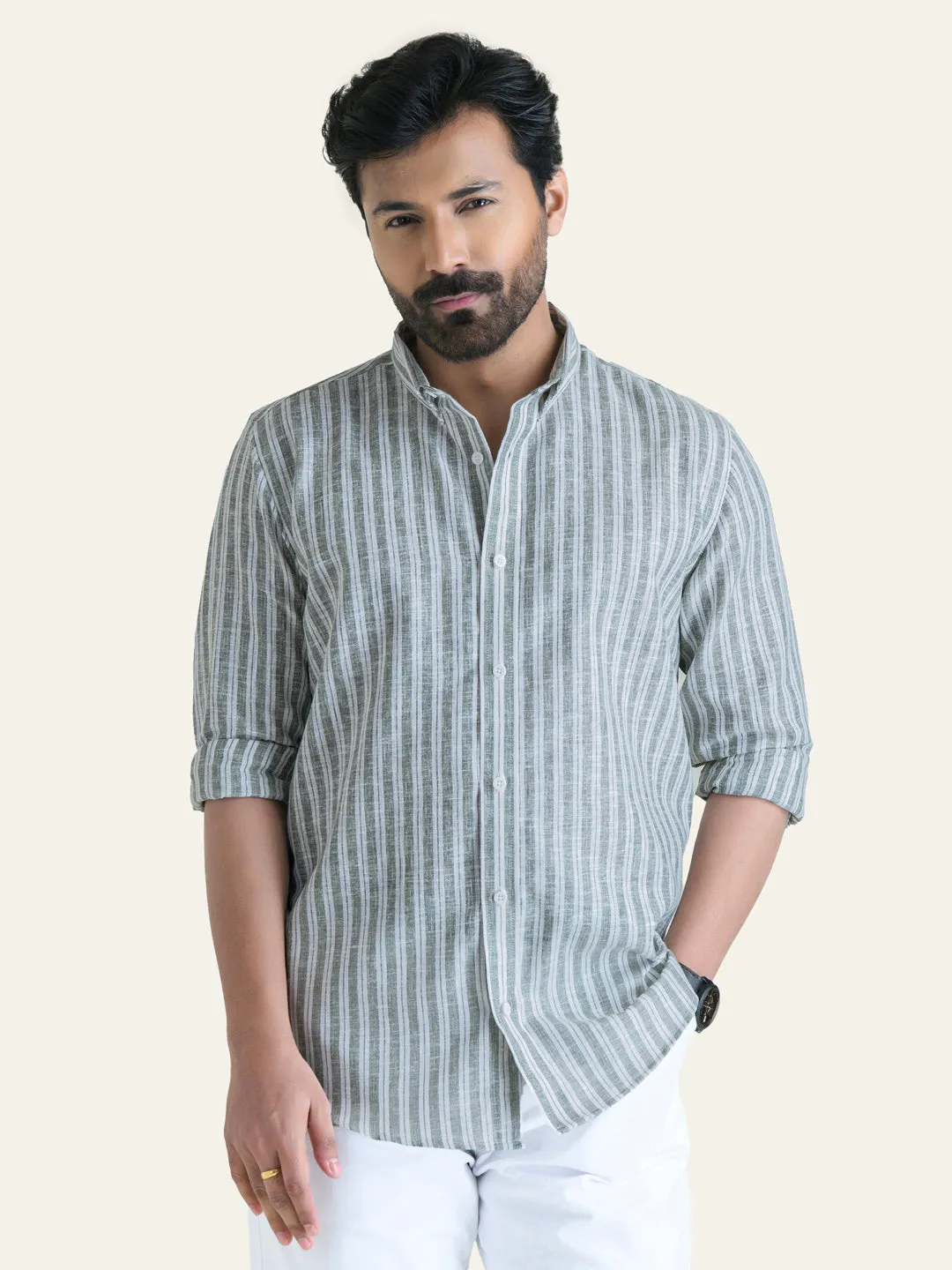 Green Striped Slim Fit Linen Cotton Shirt