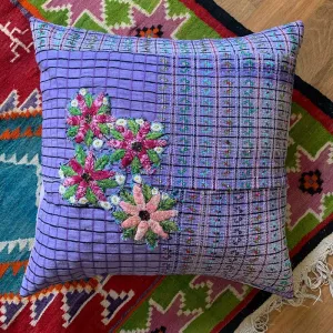Handmade Huipil Embroidered Pillow Cover 20x20" Lavender with Floral Applique