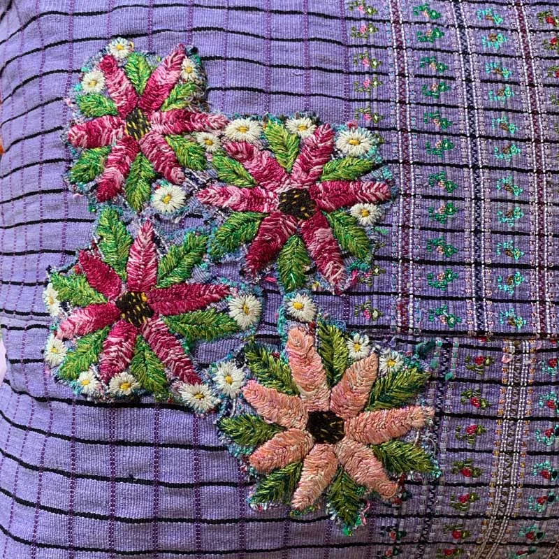 Handmade Huipil Embroidered Pillow Cover 20x20" Lavender with Floral Applique