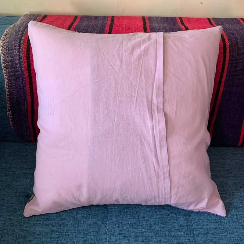 Handmade Huipil Embroidered Pillow Cover 20x20" Lavender with Floral Applique
