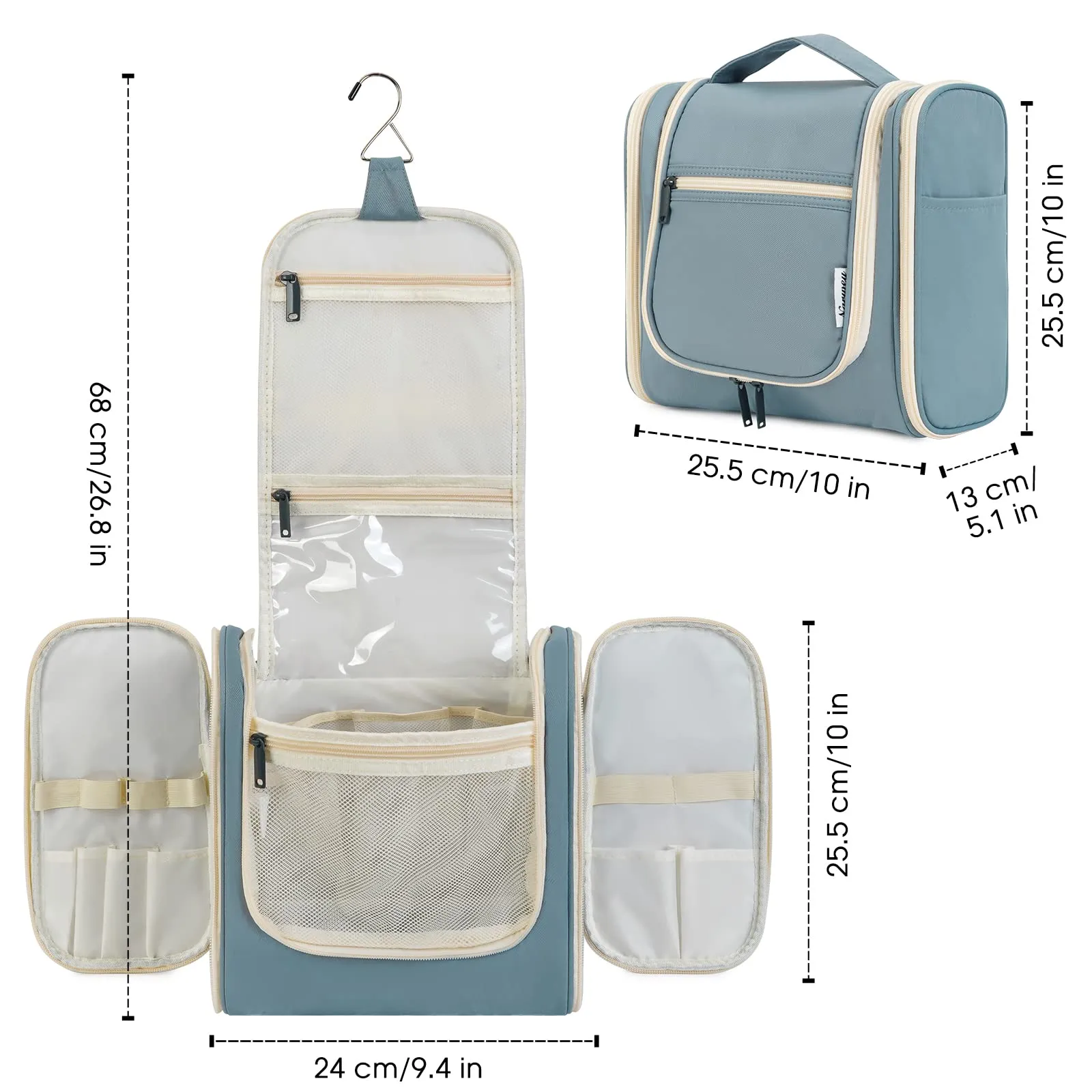 Hanging Toiletry Bag for Women Travel Makeup Bag Organizer Toiletries Bag for Cosmetics Essentials Accessories (Large, Greyish Blue)