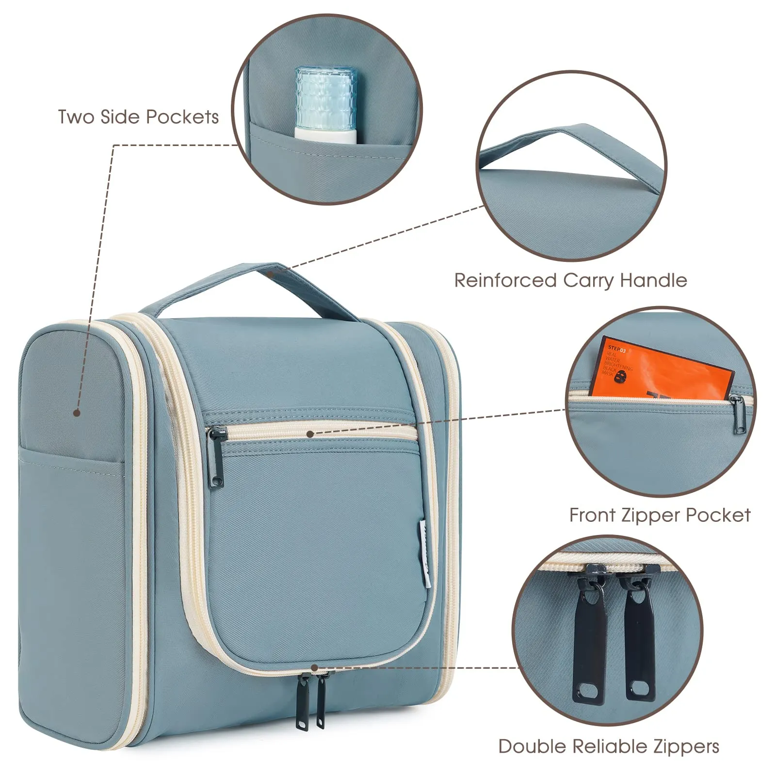 Hanging Toiletry Bag for Women Travel Makeup Bag Organizer Toiletries Bag for Cosmetics Essentials Accessories (Large, Greyish Blue)