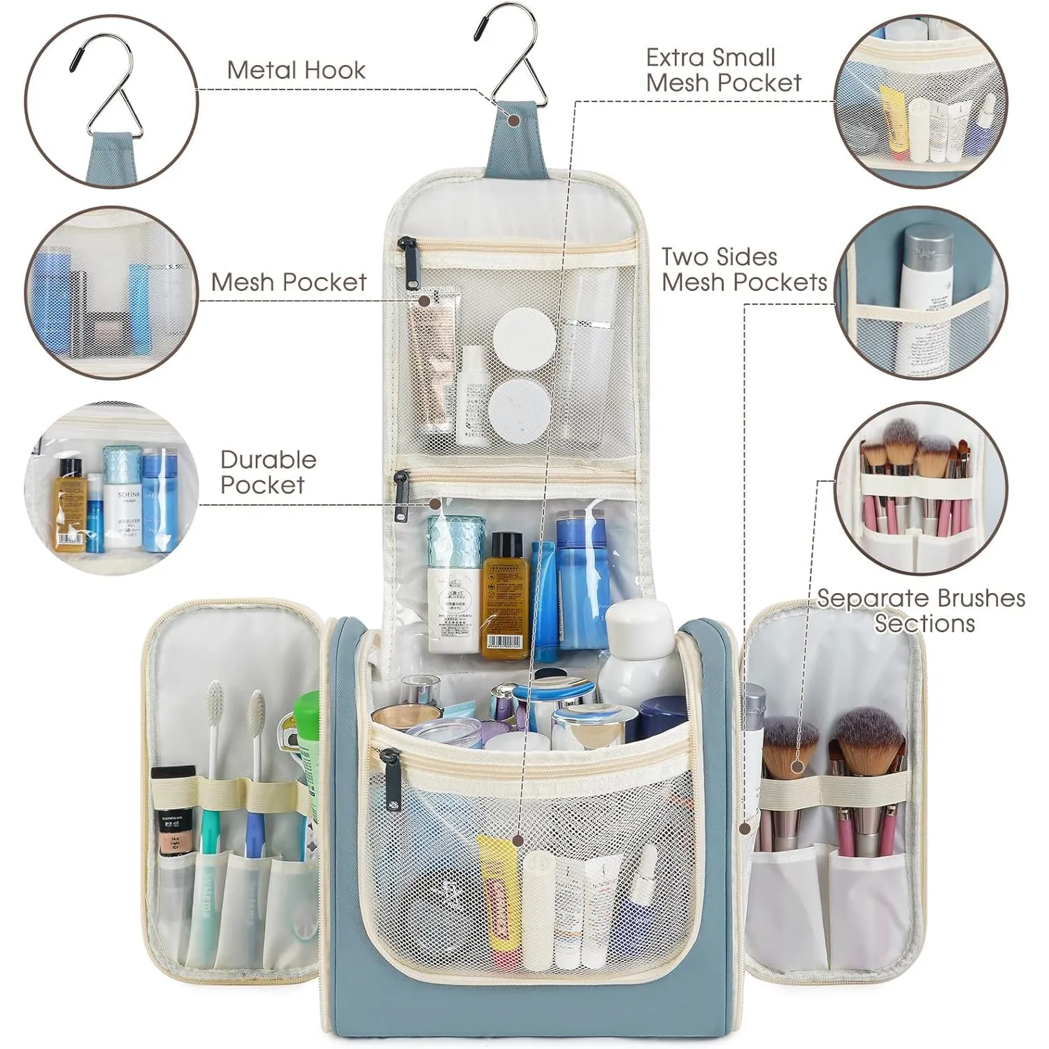 Hanging Toiletry Bag for Women Travel Makeup Bag Organizer Toiletries Bag for Cosmetics Essentials Accessories (Large, Greyish Blue)