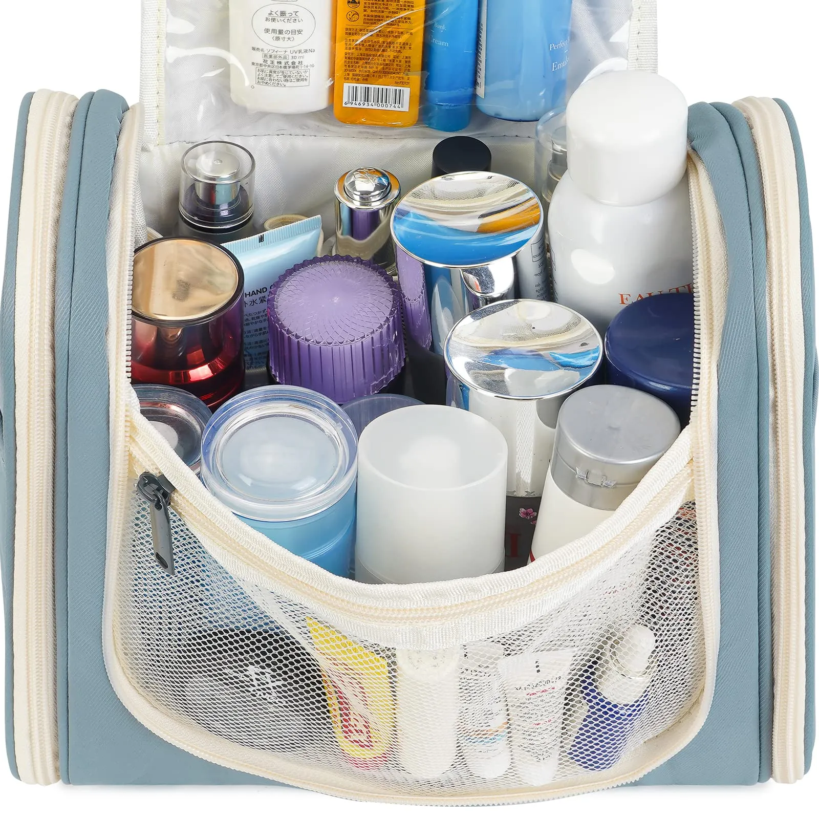 Hanging Toiletry Bag for Women Travel Makeup Bag Organizer Toiletries Bag for Cosmetics Essentials Accessories (Large, Greyish Blue)