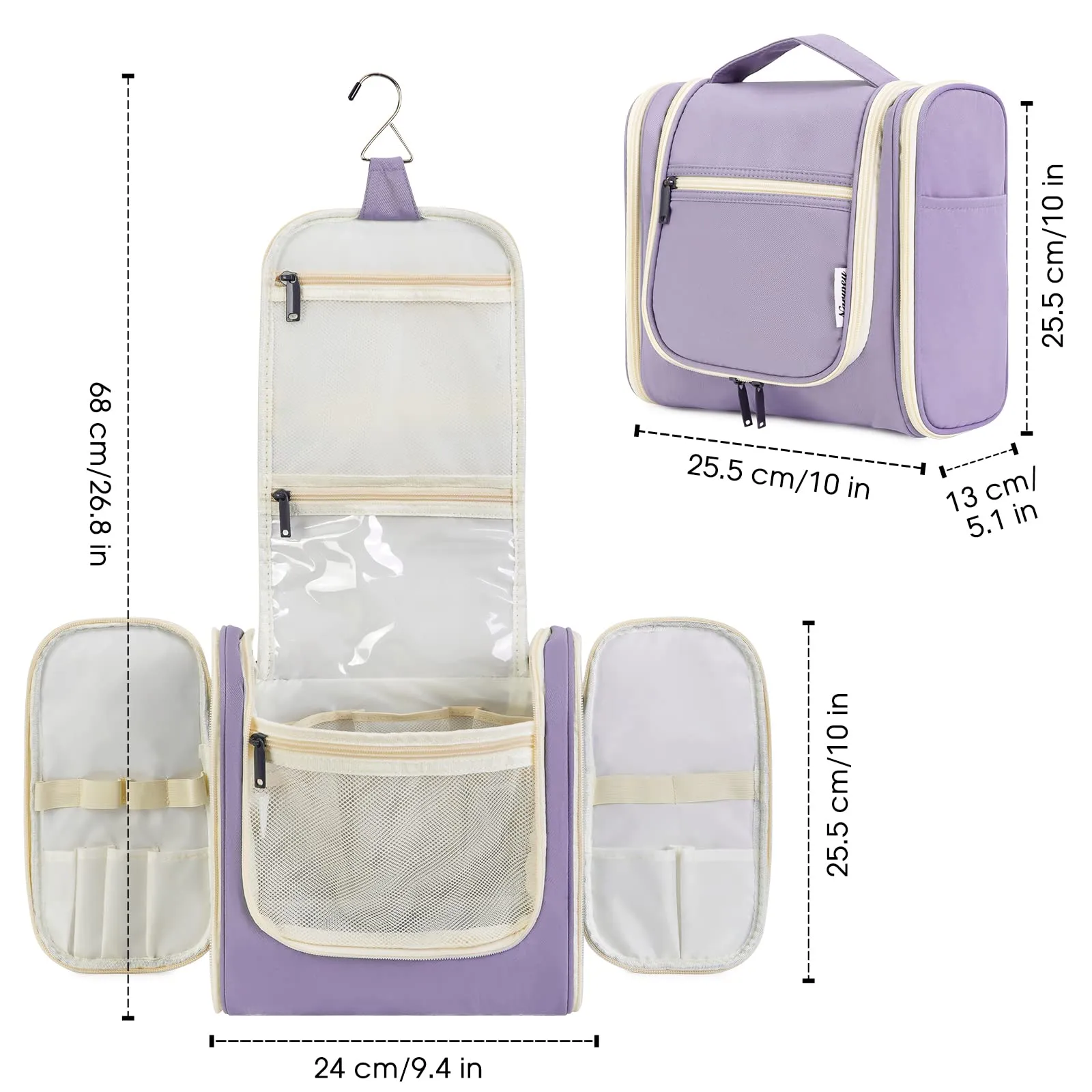 Hanging Toiletry Bag for Women Travel Makeup Bag Organizer Toiletries Bag for Cosmetics Essentials Accessories (Large, Light Purple)